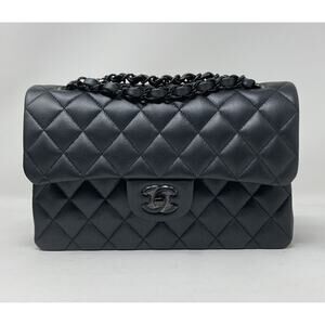 CHANEL “SO BLACK” Small Classic Double Flap Black Pearly Lambskin RARE 23B 🦄🦄
